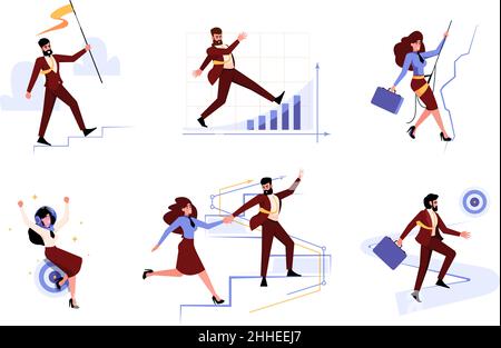 Objectifs de l'entreprise.L'équipe des managers qui réussissent et les patrons qui se déplacent vers les objectifs la diversité cible le parcours actif de l'emploi qui garent les personnages du concept d'entreprise vectoriel Illustration de Vecteur