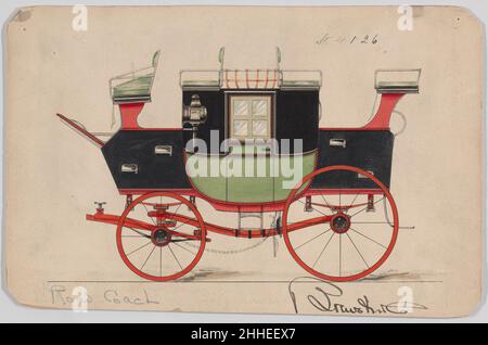 Design pour Road Coach, non4126 1891 Brewster & Co. American Brewster & Company Historised in 1810 by James Brewster (1788–1866) in New Haven, Connecticut, Brewster & Company, spécialisée dans la fabrication de chariots fins.Le fondateur a ouvert une salle d'exposition à New York en 1827 au 53-54 Broad Street, et l'entreprise a prospéré sous des générations de leadership familial.L'expansion a nécessité des déplacements dans le bas de Manhattan, avec des changements de nom reflétant des changements de direction – James Brewster & Sons exploité au 25 Canal Street, James Brewster Sons au 396 Broadway, et Brewster de Broome Street était la base Banque D'Images