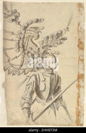 Créez une armure avec Tournament Headdress ca.1620–56 peut-être par Baccio del Bianco Italian View dans les trois quarts d'un dessin pour une armure (face à droite).L'armure elle-même est relativement simple, mais le casque a été décoré avec une adresse élaborée, en forme de lézard avec une queue très somptueuse composée de plumes et de panaches.Créez une armure avec Tournament Headdress 410278 Banque D'Images