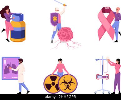 Oncologie.Appareil de diagnostic médical à rayons X médecins et patients systèmes de tomographie radiologique Garish vecteur caractères plats personnes Illustration de Vecteur