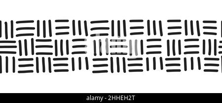 Texture géométrique tissée à bordure vectorielle sans couture.Lignes hachurées noires en quadrillage carré sur motif horizontal répétitif blanc.Moderne Illustration de Vecteur