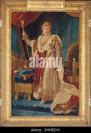 Portrait de Napoléon J'ai conçu 1805, tissé 1808–11 après une peinture du baron François Gérard français Jacques-Louis David était le premier peintre de l'empereur, mais Napoléon n'aimait pas le portrait officiel du couronnement que David a peint à l'automne et à l'hiver 1805.Au lieu de cela, il préférait un portrait que François Gérard avait préparé en 1805 pour le ministère des Affaires étrangères.Il montre Napoléon dans la salle du trône du Palais des Tuileries, le siège de l'empire.L'empereur commande un certain nombre de répétitions à donner à des hauts fonctionnaires, comme son grand-chamberlain, le duc de Talluran Banque D'Images