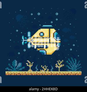 Pixel Art Bathyscaphe sur fond marin Illustration de Vecteur