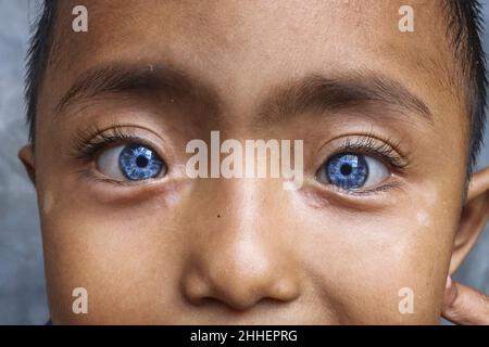 Un bébé de 4 ans est doué de globes oculaires bleu ciel clair.En dehors des yeux bleus, il a aussi une vision de sixième sens Banque D'Images