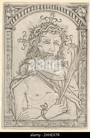 Christ comme l'homme des sorrows mis dans un cadre orné ca.1500–1520 attribué à Nicoletto da Modène italien écrit sur le tapis sur lequel il est venu à la MMA: 'Flamand.École d'Israël van Meckenem.Basé sur - et similaire à - Homme de Sorrows de Meckenem.Très rare et fin.Env.1500'.Christ comme l'homme des sorrows mis dans un cadre orné 400828 Banque D'Images