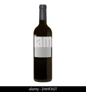 bouteille de vin rouge avec étiquette vierge isolée sur fond blanc. Banque D'Images