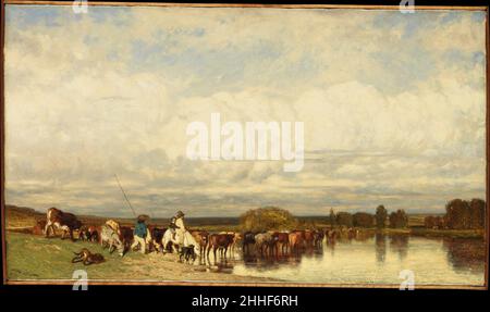 Vaches traversant une Ford 1836 Jules Dupré français le ciel bas et largement peint dans cette photo témoignent de l’intérêt de Dupré pour l’art anglais récent, en particulier les paysages de John Constable et du regretté Richard Parkes Bonington.Cette œuvre correspond à la description d'une « composition immense et vraie » récemment peinte « sur place » dans la région Limousin du centre de la France, qu'un critique admirait à la galerie parisienne SUSE Frères à l'été 1836.Son premier propriétaire est Paul Périer (1812-1897), un ancien partisan de Dupré ainsi que ses collègues Théodore Rousseau et Alexandre-Gabriel Banque D'Images