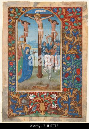 Manuscrit feuille avec la Crucifixion, d'un Livre des heures du dernier quart 15th de siècle français du Nord.Manuscrit de feuille avec la Crucifixion, tiré d'un Livre des heures 467513 Banque D'Images