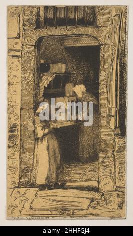 La Marchande de moutarde 1858 James McNeill Whistler American après avoir visité Cologne au cours d'une visite été-automne en 1858, Whistler a créé cette image d'un vieux vendeur de moutarde qui arrange des pots dans un intérieur sombre, alors qu'un jeune assistant penche contre le montant de porte.Il établit ici une formule à laquelle il revient souvent, en utilisant une entrée ouverte pour encadrer un intérieur de recul contenant des figures et des objets qui font référence à une activité et à un lieu particuliers.Une des gravures les plus complexes de 'Douze eaux-fortes d'après nature' (douze gravures de la nature), Whistler a basé la composition sur le drawin Banque D'Images