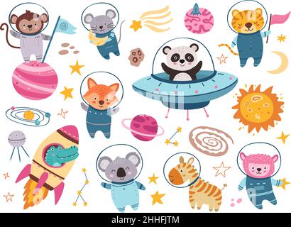 Ensemble animaux de l'espace.Astronaute de Panda dans vaisseau spatial, animal de dessin animé.Chien, tigre de renard en costume, crocodile dans l'univers de Rocket explorer.Aventure néoclassique Illustration de Vecteur