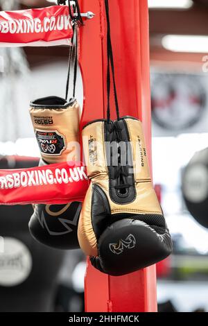 Southampton, Royaume-Uni - 26 août 2019 : des gants de boxe professionnels en noir et or sont accrochés au coin d'un anneau de boxe. Banque D'Images