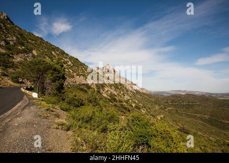 Château cathare de Queribus sur la montagne Crest et Valley Landscape à Aude France Banque D'Images