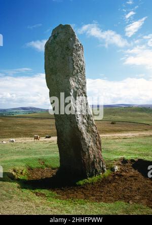 La pierre longue (la pierre longue), Dartmoor.Pierre sur pied préhistorique réutilisée comme marqueur de limite de terre moderne, regardant se Banque D'Images