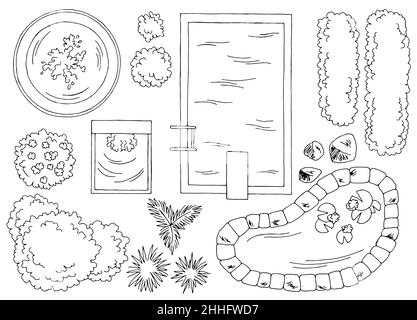 Paysage architecte design élément ensemble graphique noir blanc haut esquisse vue aérienne illustration vecteur Illustration de Vecteur