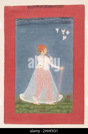 Bishen Singh comme un jeune homme ca.1780 Inde (Rajasthan, Uniara) ce prince est officiellement présenté en profil tenant une fleur et une épée.Il se dresse silhoueté contre un ciel bleu sur un champ d'herbe et de fleurs.Animant ce portrait raffiné sont des oiseaux qui pleuvaient et une bande de nuages de pluie menaçants sur la ligne d'horizon.Les artistes dans le petit état d'Uniara s'étaient d'abord appuyés sur les styles de cour voisins de Bundi et Kota, mais à la fin du dix-huitième siècle, lorsque l'état était devenu politiquement allié avec Jaipur, ce contact a été reflété dans leur peinture.Le style du turban Banque D'Images