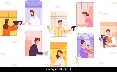 Coing.Les fenêtres de voisins partagent des choses, la communauté ville de quartier, voisin unité bonne aide maison d'appartement, aide mutuelle verrouiller concept caricature splendide illustration vectorielle Illustration de Vecteur