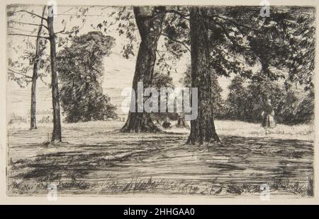 Greenwich Park 1859 James McNeill Whistler l'américain Whistler a voyagé le long de la Tamise pour trouver le sujet d'une pelouse ombragée à Greenwich, en visitant le parc avec son beau-frère de la station de ski Seymour Haden.Tous deux ont créé des imprimés qui montrent un retraité de la marine de l'hôpital Royal pour les marins tout proche, qui se détend sur l'herbe (Whister's intitulé 'Greenwich Pensioner' (17,3.27) et 'sub Tegmine' de Haden (Under the Canopy; 17,3.276).Le met a deux autres impressions de 'Greenwich Park' (17,3.28, 17.21.71).Greenwich Park 372654 Banque D'Images