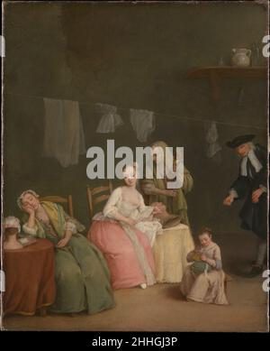 La lettre 1746 Pietro Longhi (Pietro Falca) Italien un homme plus âgé tenant une pièce de monnaie négocie avec une personne promésesse sur une jeune femme, qui lit avec un plaisir évident la lettre qu'il a écrite pendant qu'elle prend une pause de son travail de traite.Une jeune fille tient une poupée qui imite le mannequin renversé sur la table, ce qui lui suggère de suivre les traces de la femme plus âgée.Le dramaturge vénitien Carlo Goldoni a fait l’éloge de l’attachement de Longhi à la vérité, par lequel il représentait la manière dont l’artiste a relayé les ennemis de la société contemporaine.Cette peinture et trois autres dans la collection PROBAB du met Banque D'Images