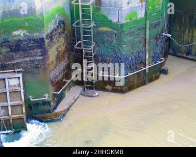 Vannes à marée à Purfleet.La barrière latérale et la barrière de guillotine laissent l'eau de la vallée de Mardyke jusqu'à la Tamise et stoppent l'inondation de la rivière Thames Mar Dyke Banque D'Images