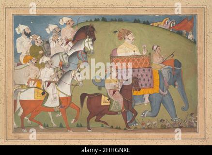 Maharaja Raj Singh en procession avec les membres de sa Cour ca.1700 attribuée à Nihal Chand cette image accomplie peut être attribuée à l'artiste Chand, qui a travaillé pour Raj Singh de Junia au cours des dernières années du XVIIe siècle.Le maharaja est assis dans un howdah au sommet d'un éléphant silhoueté contre une colline.Il est assisté par un jeune prince (?)à cheval et suivi par des membres éminents de sa cour.Au-dessous et au-dessus de la colline se trouvent des aperçus de soldats à pied portant des bannières.Le petit État de Junia était situé dans la région d'Ajmer, dans le centre du Rajasthan.Maharaja Banque D'Images