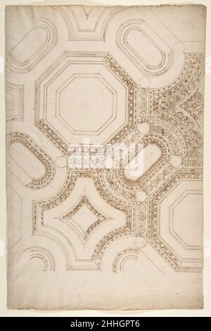 Palazzo Pontifici, Sala Regia, panneaux de cercueils, plan de plafond réfléchi (recto) vierge (verso) du début au milieu du 16th siècle dessiné par Anonyme, Français, 16th siècle Français.Palazzo Pontifici, Sala Regia, panneaux de cercueils, plan de plafond réfléchi (recto) vierge (verso). Du début au milieu du siècle 16th.Encre marron foncé, craie noire et lignes incisées.Mises en plan Banque D'Images