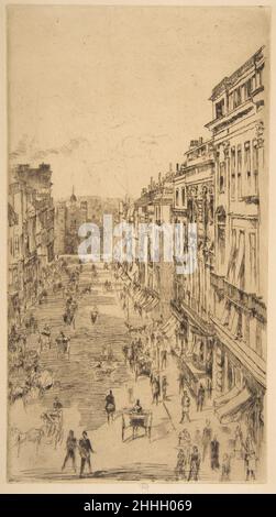 St. James's Street 1878 James McNeill Whistler l'image urbaine animée de Whistler American Whistler met l'accent sur une artère centrale de Londres qui relie le Pall Mall et Piccadilly.La gravure offre une vue de la terrasse de ce qui était alors l'hôtel Albermarle sur la descente de Piccadilly vers le Palais de Saint James, un complexe de bâtiments Tudor qui a donné leur nom à la rue et au quartier environnant.Au premier plan, un policier se tient, peut-être en train de diriger la circulation, près des auvents qui protègent les magasins.L'image inverse l'orientation de la vue réelle et sera réémise sous forme de lithographie, correctement orientée, dans Banque D'Images