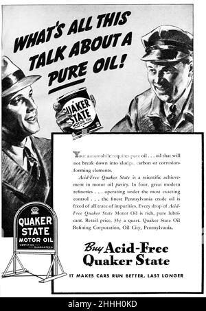 Une publicité vintage pour l'huile moteur sans acide Quaker State Banque D'Images