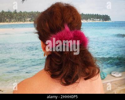 Frau von hinten am Strand, mit einem pinkfarbenen Schrunchie aus Fuchssfell im Haar * Femme avec une srunchie rose surplombant un lagon tropical Banque D'Images