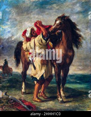 Arab Saddling HIS Horse par Eugène Delacroix (1798-1863), huile sur toile, 1855 Banque D'Images