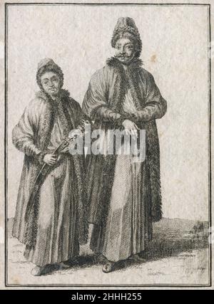 Gravure antique de 17th siècles, 'une mariée arménienne accompagnée à l'église par un jeune homme portant un sabre' (Ein Armenischer Bräutigam, von einem Jüngling, SO den Säbel träget, zur Kirche begleitet) par Johann Christoph Weigel, connu sous le nom de Christoph Weigel The Elder (1654-1725).SOURCE : GRAVURE ORIGINALE Banque D'Images