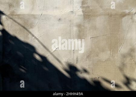 Laisse l'ombre avec une lumière dure sur un vieux mur fissuré et enduit.Ombres dures sur fond blanc. Banque D'Images