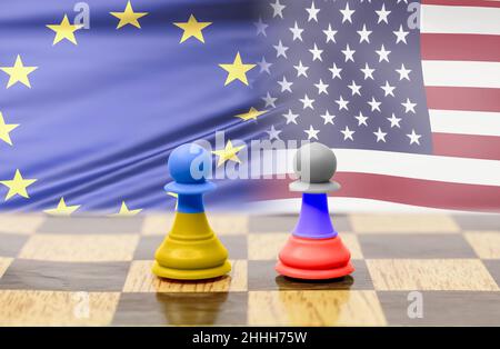 Pions d'échecs avec drapeaux russes et ukrainiens avec l'UE et les Etats-Unis en arrière-plan Banque D'Images