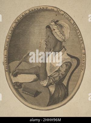 Phillis Wheatley 1773 après (?)Scipio Moorhead cet imprimé dépeint la première femme aslave d'Amérique noire à avoir ses écrits publiés.Phillis Wheatley est assis à une table tenant un stylo à douille, sa tête reposant de l'autre côté dans une pose qui indique la pensée créative.L'image est également le premier portrait individuel connu d'une femme américaine d'origine africaine, fait comme frontispice pour l'auteur 'Poems on various matières, religion and moral' (Londres, 1773; deuxième édition Londres et Boston, 1773).Aujourd'hui, de nombreux chercheurs croient que Scipio Moorhead, un homme aslave d'origine africaine W. Banque D'Images