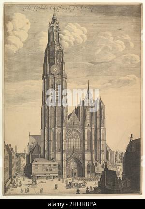 Cathédrale d'Anvers (ProSpectvs Tvrris Ecclesiæ Cathedralis) 1649 Venceslaus Hollar Bohemian la cathédrale d'Anvers est présentée de l'ouest avec une tour et une flèche finies à gauche et une tour inachevée couverte d'un toit temporaire et d'une tourelle à droite.Une procession de membres du clergé et de soldats escorte un sanctuaire de la rue à droite vers la porte ouest.À gauche, il y a une rue étroite avec une fontaine, des passants et des chiens dans une petite place.Cathédrale d'Anvers (ProSpectvs Tvrris Ecclesiæ Cathedralis) 360640 Banque D'Images