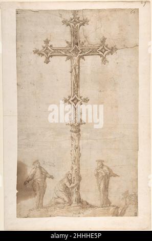 Conception d'un Crucifix avec la Vierge Marie, Sainte Marie Magdalene et Saint John n.d.Polidoro da Caravaggio italien comme les études pour un retable exposé à proximité, ce dessin date de la dernière phase de la carrière de Polidoro, quand il était actif en Sicile.La représentation hantante de la Crucifixion montre Christ isolé sur une croix de type reliquaire élaborée qui monte du tronc d'un arbre-une allusion à l'arbre de la connaissance dans le jardin d'Éden qui portait le fruit interdit consommé par Adam et Eve,Précipitant la chute de la grâce rachetée par le sacrifice du Christ.Isolé dans leur gri Banque D'Images