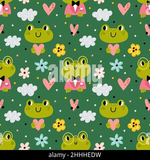 Motif de grenouilles fantaisie sans coutures.Animaux verts mignons, petits amphibiens avec fleurs, personnages de crapaud en lunettes, arrière-plan enfantin.Décor Illustration de Vecteur