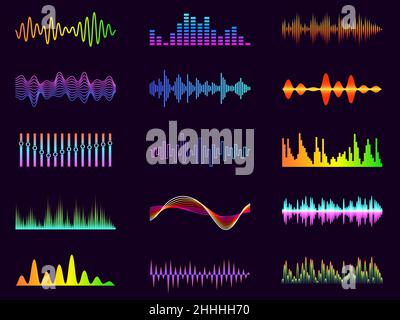 Ondes sonores en couleur.Fréquences audio au néon.Éléments graphiques de musique électronique.Diagrammes d'égaliseur numérique ou visualisation du spectre sonique.Résumé Illustration de Vecteur