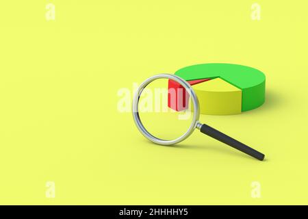 Graphique circulaire près de la loupe.Concept d'analyse de marché.Analyse d'entreprise.Rapport de croissance et de baisse des bénéfices.Comptabilité.Indicateurs statistiques.Rés. Budget Banque D'Images