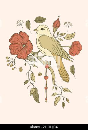 Affiche imprimable de fleurs de pavot d'oiseau et de rose vintage Illustration de Vecteur