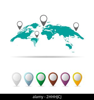 Carte mondiale abstraite isolée.Illustration vectorielle.Carte du monde plat et ensemble de marqueurs de carte Illustration de Vecteur