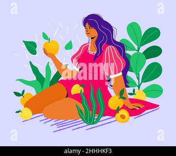 Fille avec pêches - illustration de style plat coloré avec un personnage de dessin animé. Belle femme indépendante forte assise sur un pique-nique. Fruit de Illustration de Vecteur