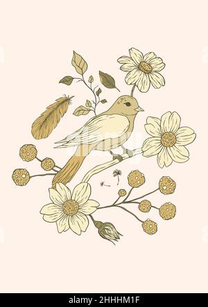 Affiche imprimable à fleurs d'oiseau et de Marguerite vintage Illustration de Vecteur