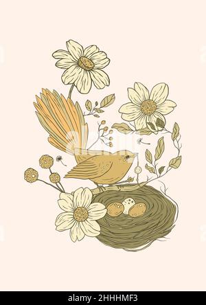 Affiche imprimable nid d'oiseau vintage et fleurs de Marguerite Illustration de Vecteur