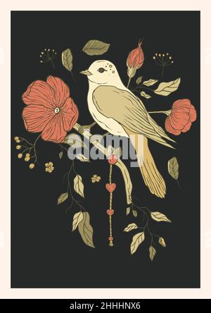 Affiche imprimable de fleurs de pavot d'oiseau et de rose vintage Illustration de Vecteur