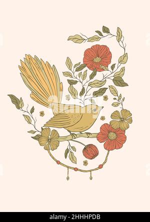 Affiche imprimable de fleurs de pavot d'oiseau et de rose vintage Illustration de Vecteur