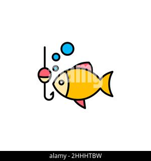 Icône représentant un crochet de pêche et une couleur de poisson. Signe de style linéaire pour le concept mobile et la conception de sites Web.Icône de vecteur de contour de crochet d'appât de poisson.Symbole, illustration du logo. Illustration de Vecteur