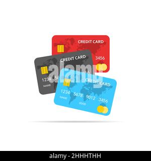 Ensemble de cartes de crédit isolées.Illustration vectorielle.Cartes de crédit bancaires colorées à motif plat. Illustration de Vecteur