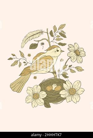Affiche imprimable nid d'oiseau vintage et fleurs de Marguerite Illustration de Vecteur