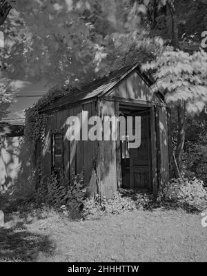 Un joli petit utilitaire ou un abri de stockage ancien.Photographié en noir et blanc et infrarouge.situé à Ridgefield, New Jersey, Etats-Unis. Banque D'Images