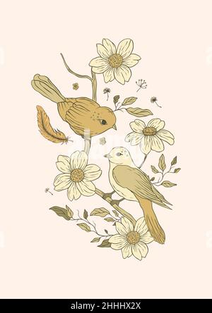 Affiche imprimable couple d'oiseaux vintage et fleurs de Marguerite Illustration de Vecteur